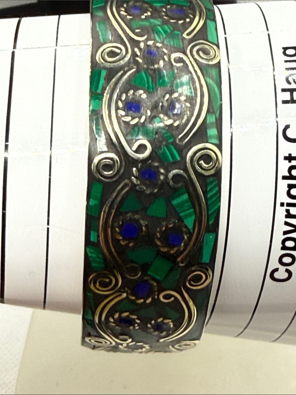 Exceptional vintage Green Blue Inlay mosaic raised luxurious Cuff Bracelet ⭐️ - Picture 11 of 16